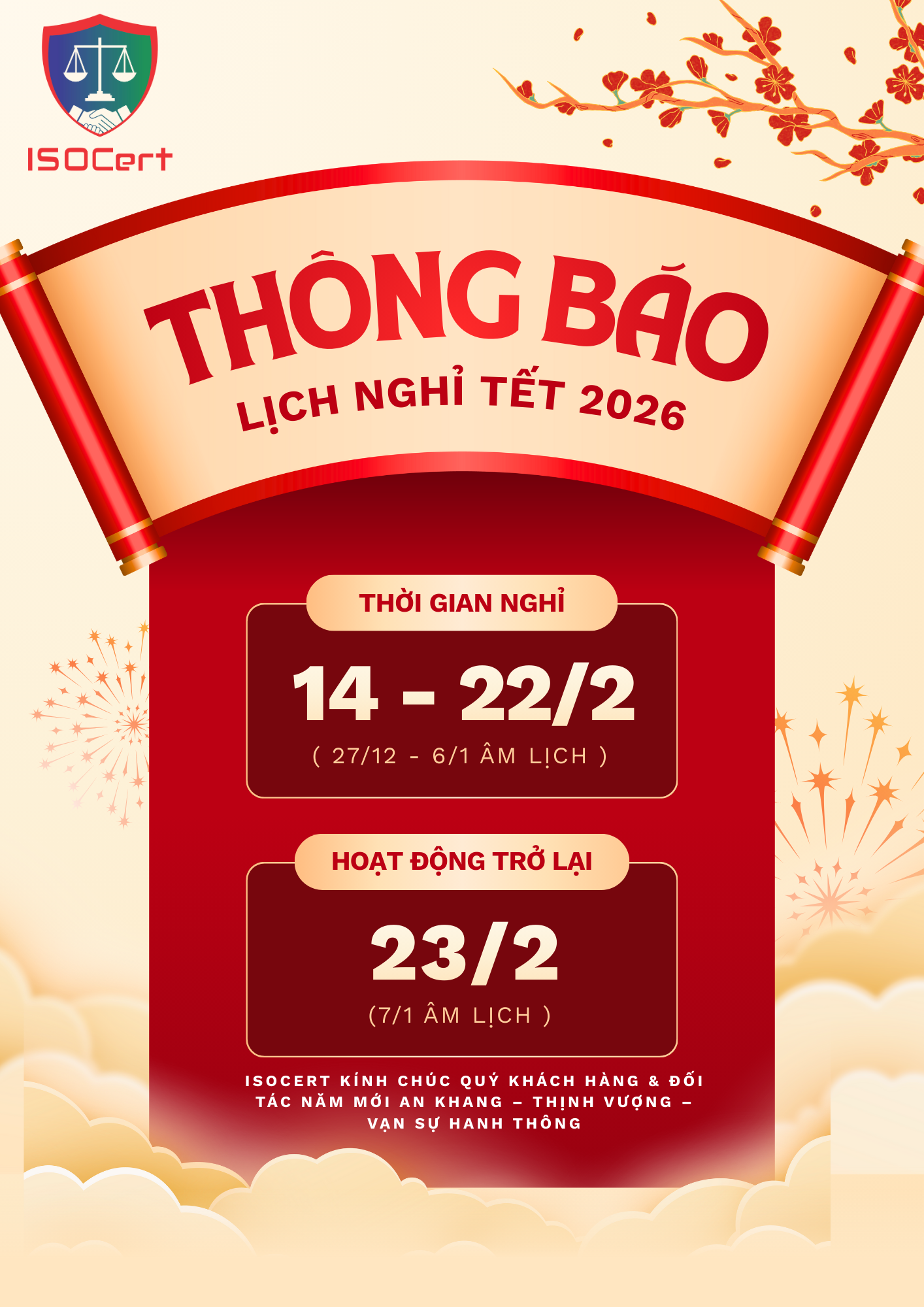THÔNG BÁO NGHỈ TẾT NGUYÊN ĐÁN 2026